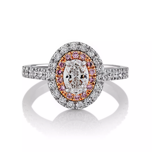18ct white and rose gold oval and round brilliant cut pink and white diamond double halo ring