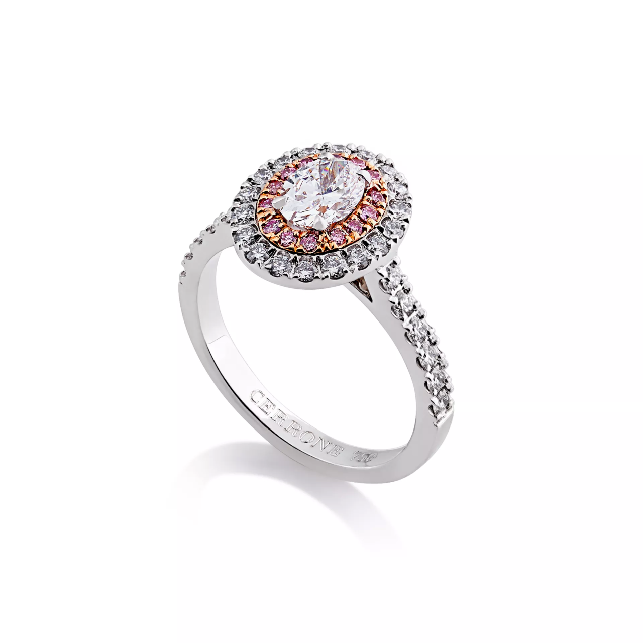 18ct white and rose gold oval and round brilliant cut pink and white diamond double halo ring
