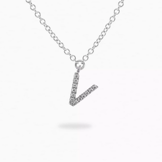 18ct white gold diamond initial “V” necklace