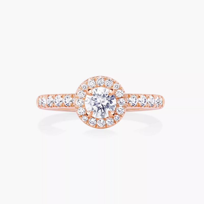 18ct rose gold round brilliant cut diamond halo ring