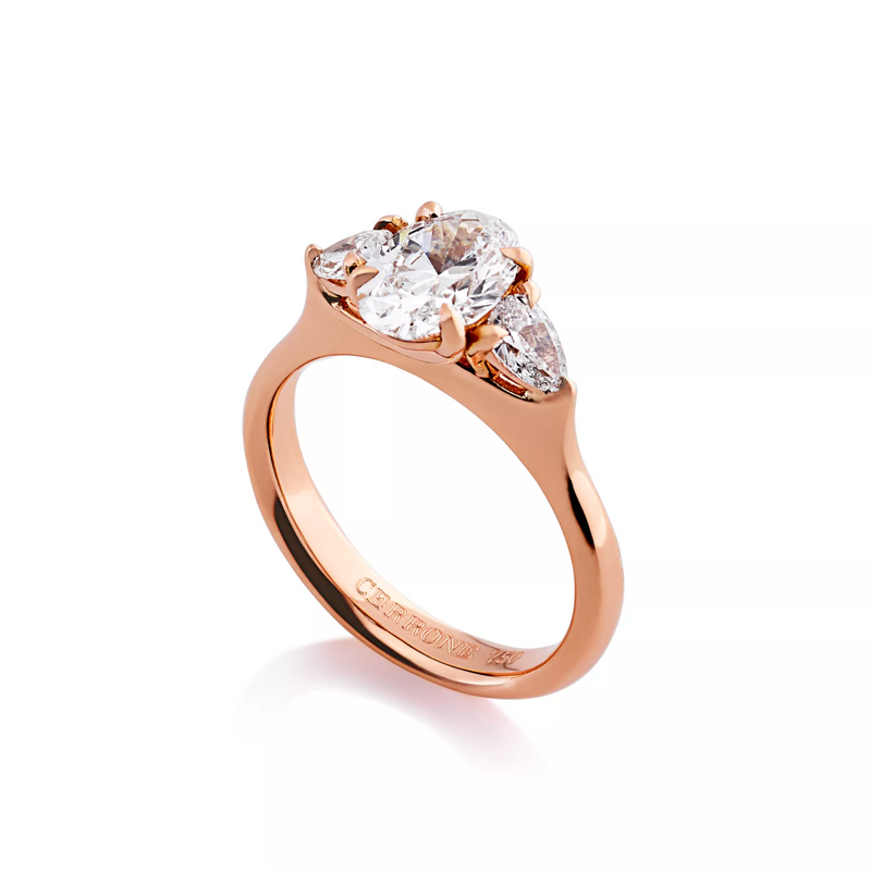 18ct rose gold oval and pear trilogy diamond ring side profile