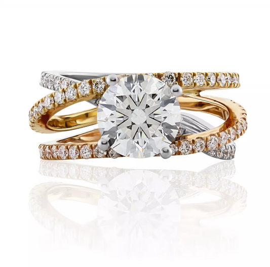 18ct white, yellow and rose gold  round brilliant cut diamond cross over ring