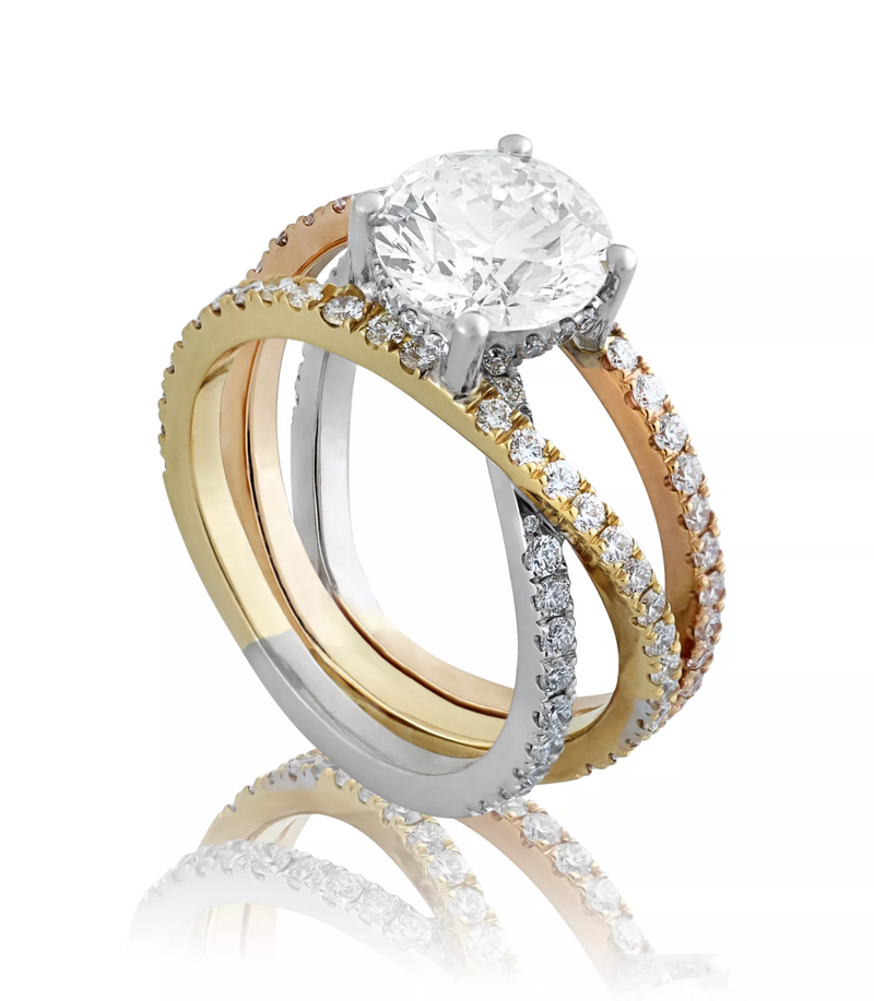 18ct white, yellow and rose gold  round brilliant cut diamond cross over ring side profile