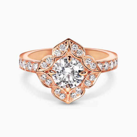 18ct rose gold round brilliant cut filagree halo diamond ring