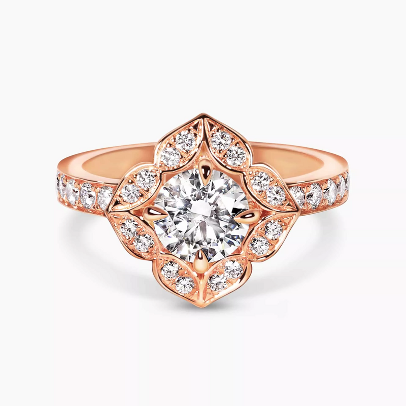 18ct rose gold round brilliant cut filagree halo diamond ring
