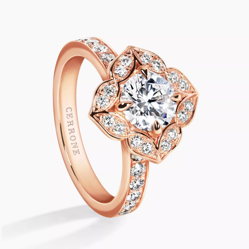 18ct rose gold round brilliant cut filagree halo diamond ring side profile