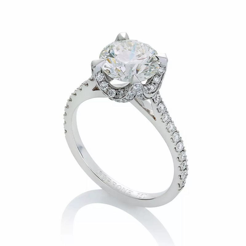 18ct white gold round brilliant cut 'U' basket claw set diamond ring side profile