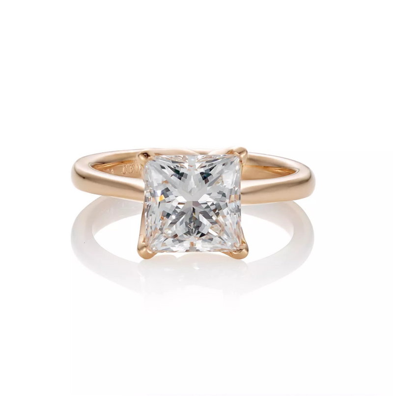 18ct rose gold princess and round brilliant cut diamond solitaire ring