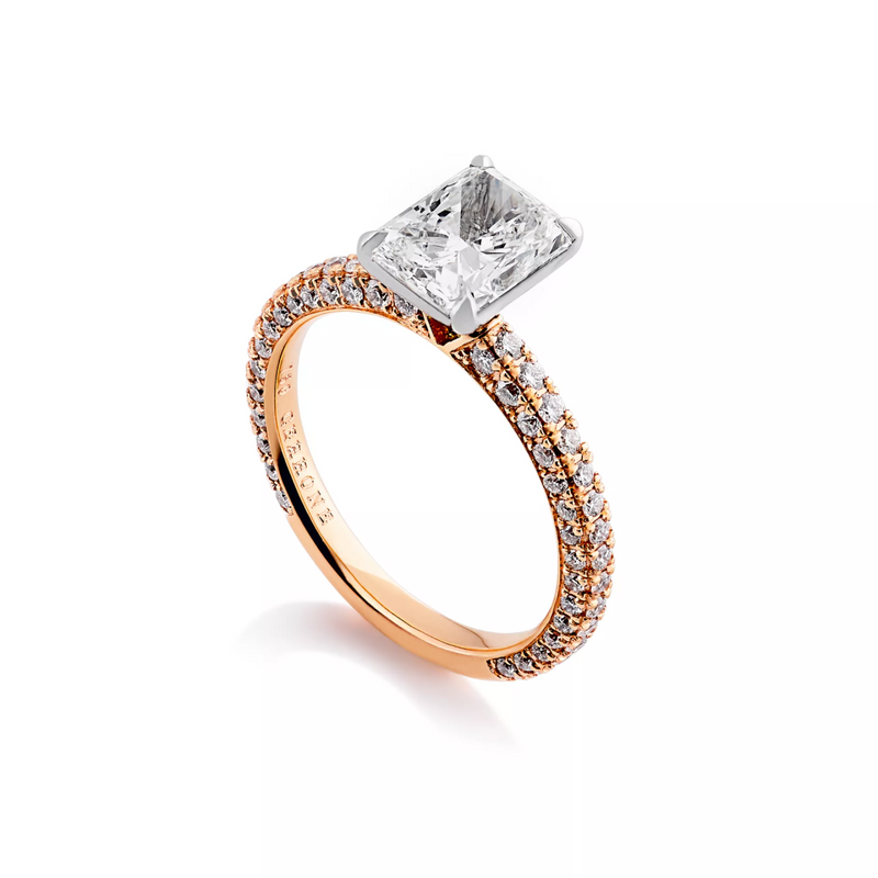 18ct rose and white going radiant and round brilliant cut pave set diamond ring side profile
