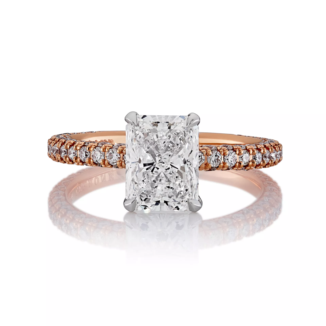 18ct rose and white going radiant and round brilliant cut pave set diamond ring