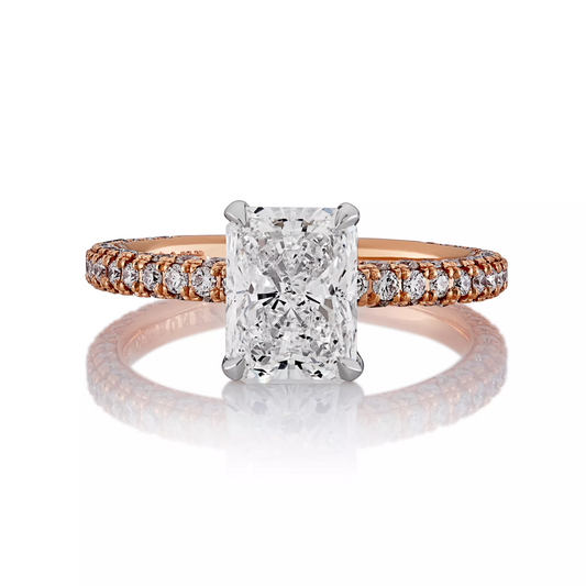 18ct rose and white going radiant and round brilliant cut pave set diamond ring