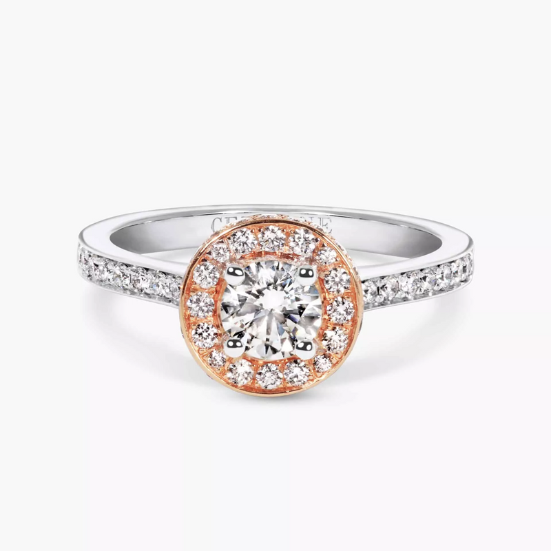 18ct white and rose gold round brilliant cut diamond halo ring