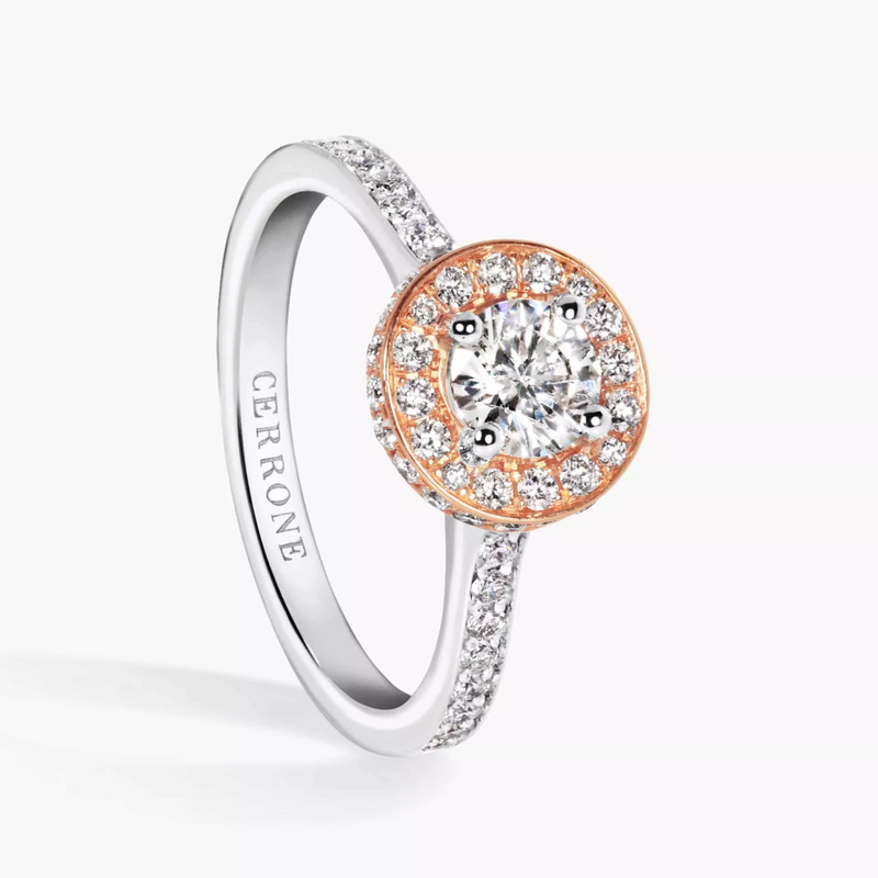 18ct white and rose gold round brilliant cut diamond halo ring side profile