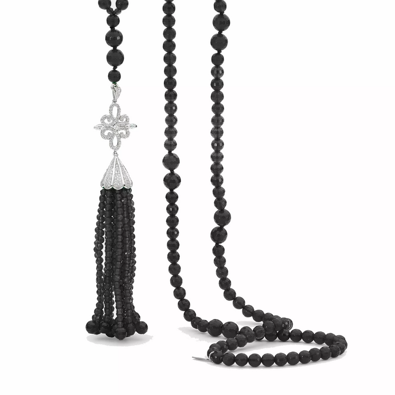 Onyx and silver cubic zirconia tassel pendant necklace