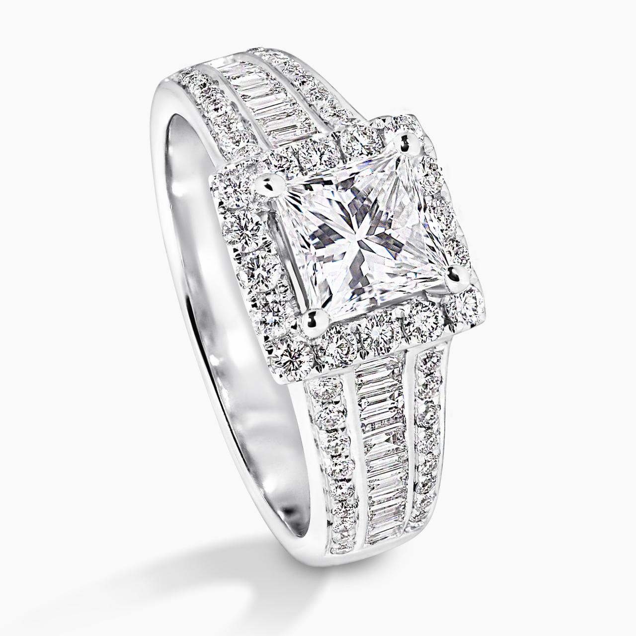 18ct white gold 1.05ct princess cut diamond ring with baguette and round brilliant cut diamonds