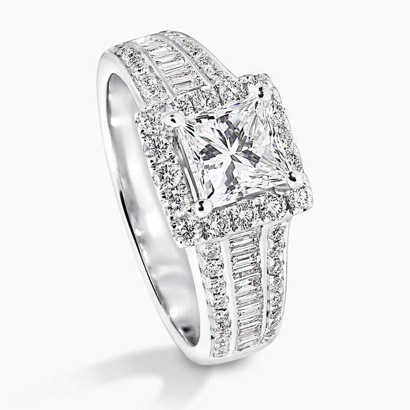 18ct white gold 1.05ct princess cut diamond ring with baguette and round brilliant cut diamonds