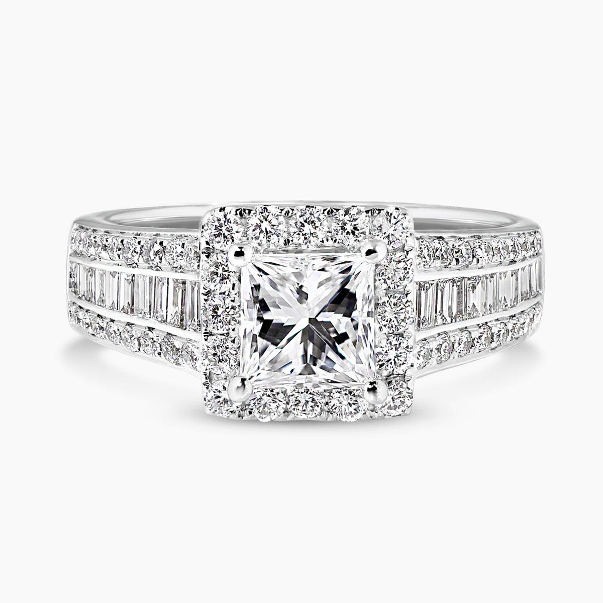 18ct white gold 1.05ct princess cut diamond ring with baguette and round brilliant cut diamonds