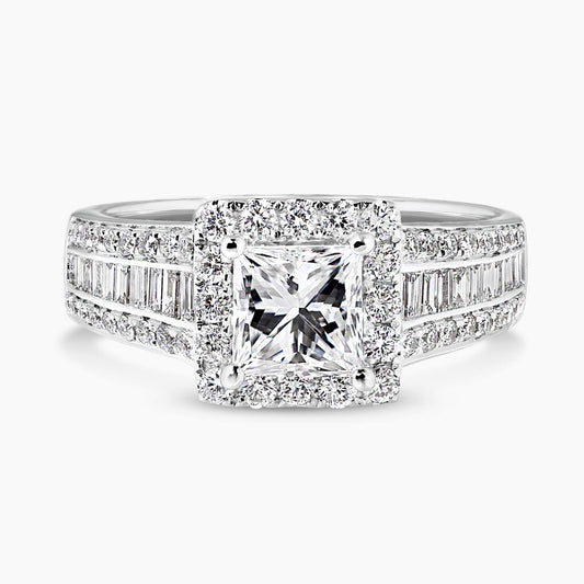 18ct white gold 1.05ct princess cut diamond ring with baguette and round brilliant cut diamonds