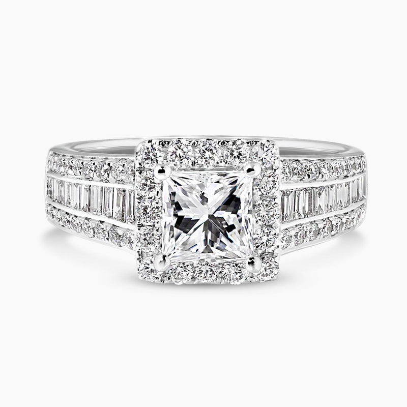 18ct white gold 1.05ct princess cut diamond ring with baguette and round brilliant cut diamonds