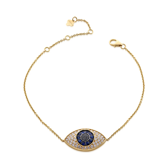 18ct yellow gold round brilliant cut diamonds,blue sapphires and black diamonds evil eye bracelet