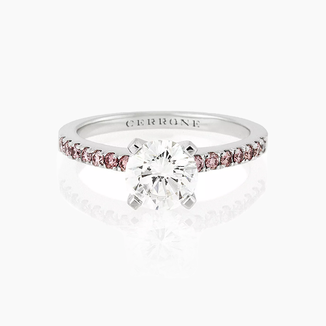 18ct white gold round brilliant cut pink rose and white diamond four claw ring