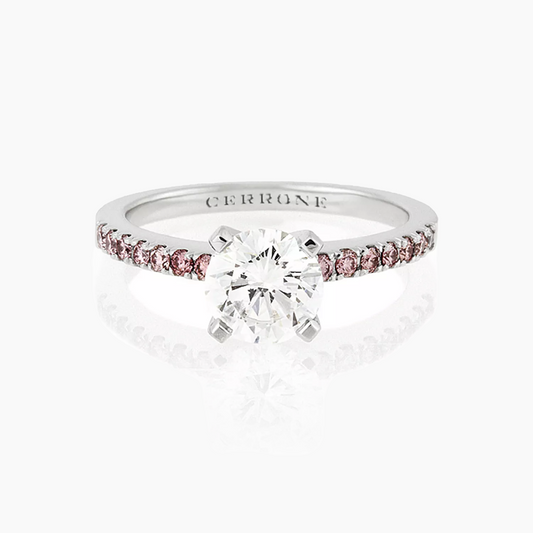 18ct white gold round brilliant cut pink rose and white diamond four claw ring