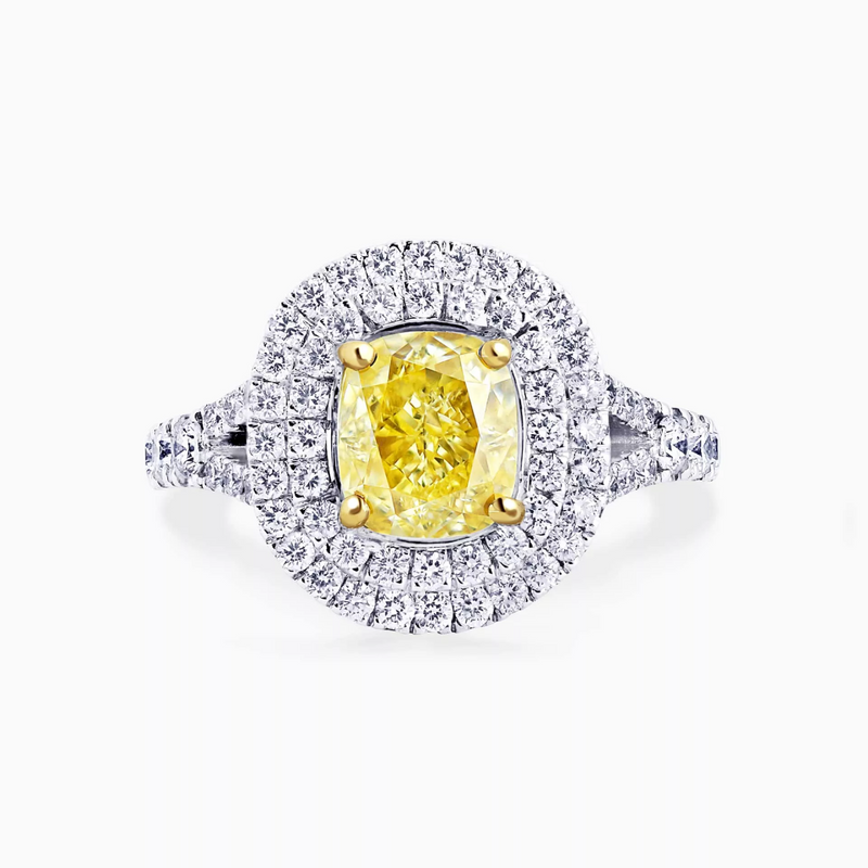 18ct white and yellow gold Fancy Intense Yellow cushion and round cut split band diamond ring