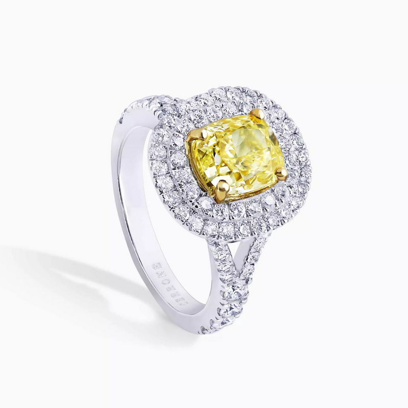18ct white and yellow gold Fancy Intense Yellow cushion and round cut split band diamond ring