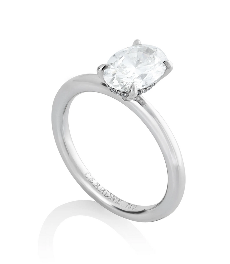 18ct white gold oval diamond hidden halo ring side profile
