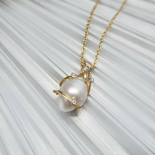 18ct Two Tone Cascading Baroque White South Sea Pearl & Diamond Necklace