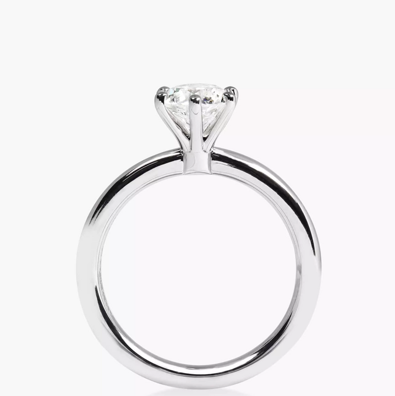 Platinum round brilliant cut diamond six claw solitaire ring side profile