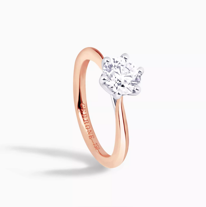 18ct rose and white gold six claw diamond solitaire ring side profile