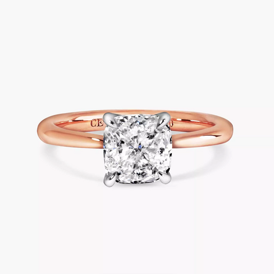 BARI - 18ct rose and white gold cushion cut diamond four claw upswept tapered ring