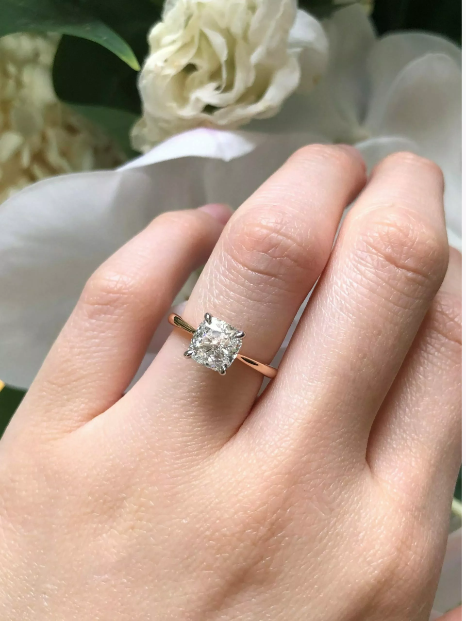 BARI - 18ct rose and white gold cushion cut diamond four claw upswept tapered ring
