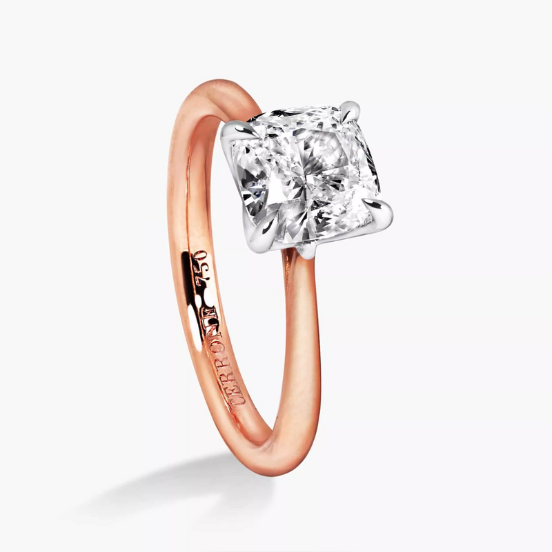 18ct rose and white gold cushion cut diamond four claw upswept tapered ring