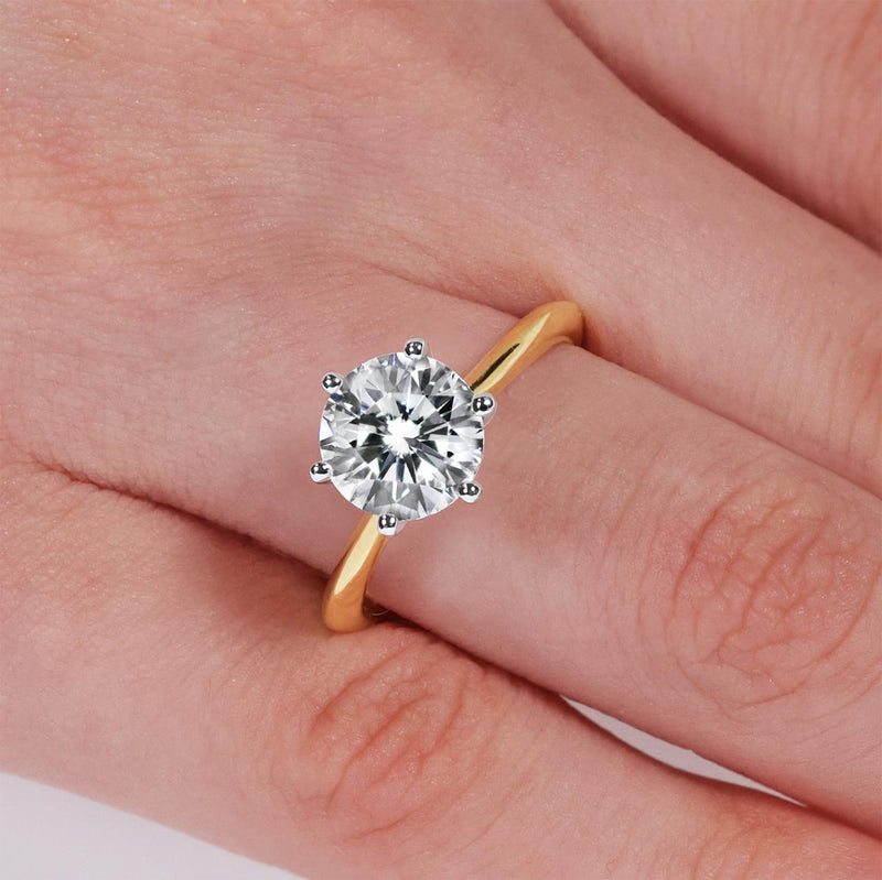 18ct yellow and white gold  2.23ct LAB Grown RBC diamond six claw solitaire ring on finger
