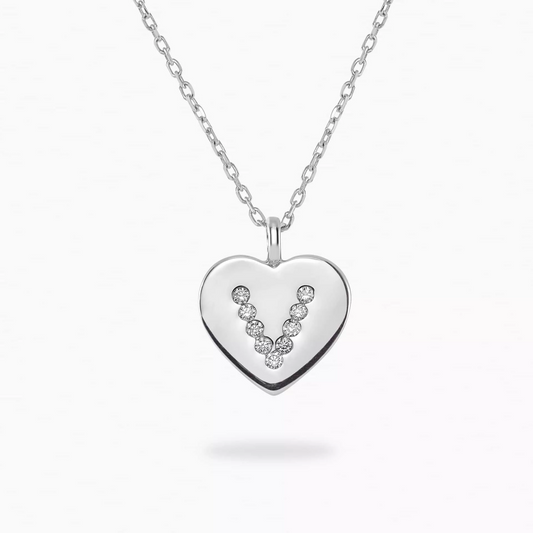 18ct White Gold Initial ‘V’ Diamond Heart Necklace