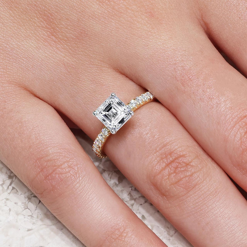 18ct yellow and white gold 2.07ct Asscher cut LAB Grown Diamond ring on finger