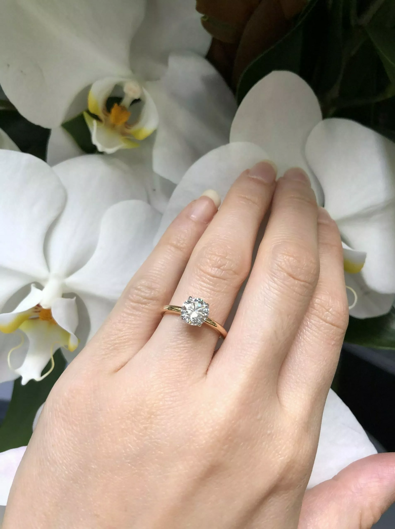 18ct rose and white gold diamond solitaire ring on finger