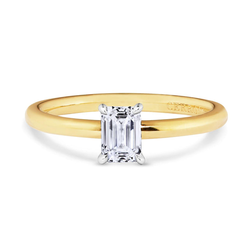 18ct yellow and white gold emerald cut diamond solitaire four claw ring