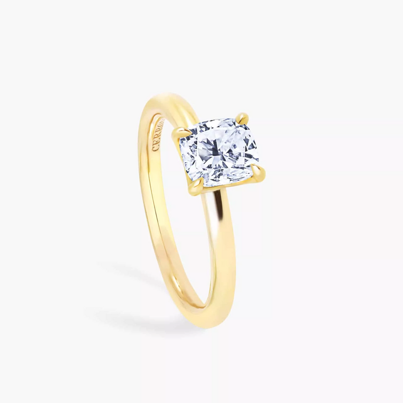 18ct yellow gold cushion cut four claw side v setting diamond ring side profile