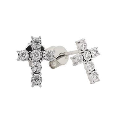 A pair of 18ct white gold diamond cross stud earrings with round brilliant cut diamonds claw set in a cross design.