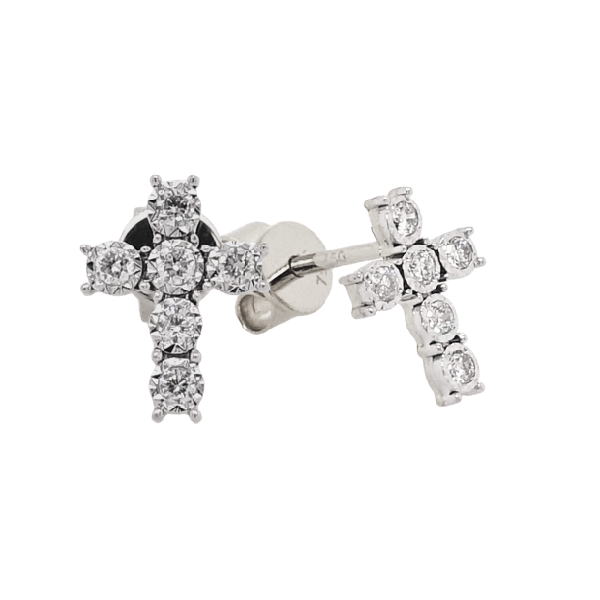 A pair of 18ct white gold diamond cross stud earrings with round brilliant cut diamonds claw set in a cross design.