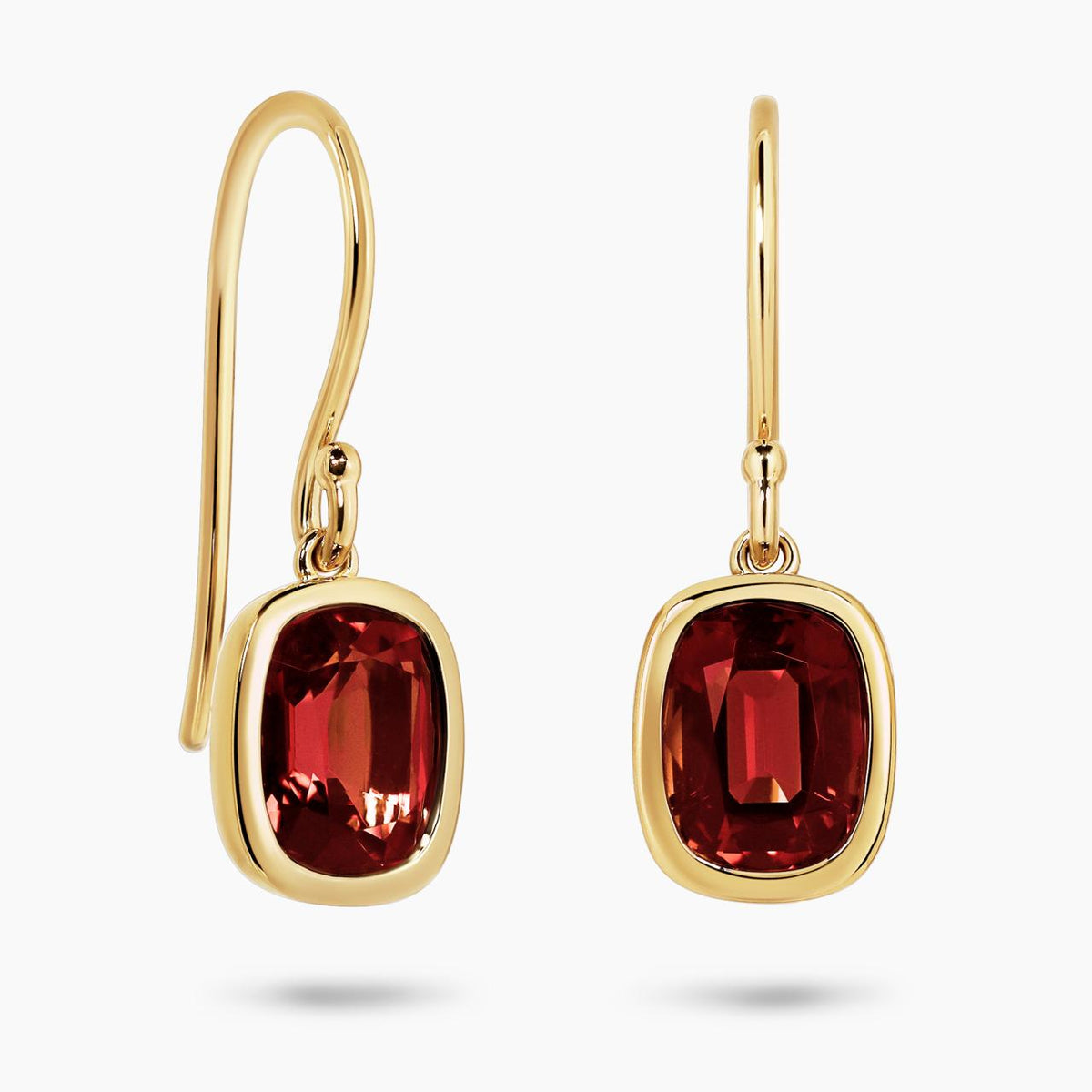 18ct yellow gold 2=3.71ct elongated cushion cut garnet bezel set drop earrings