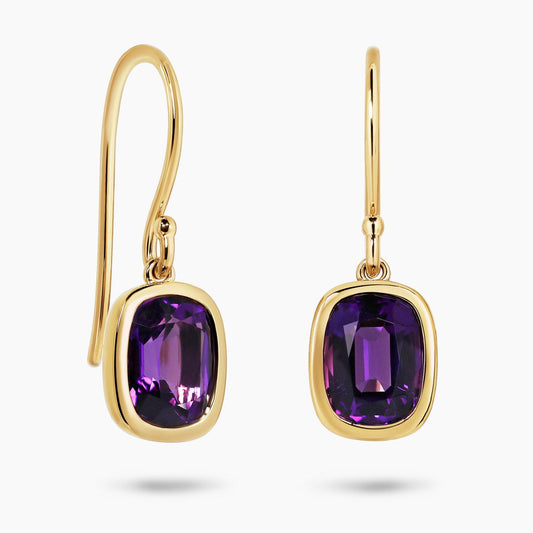 18ct yellow gold 2.44ct elongated cushion amethyst bezel set drop earrings