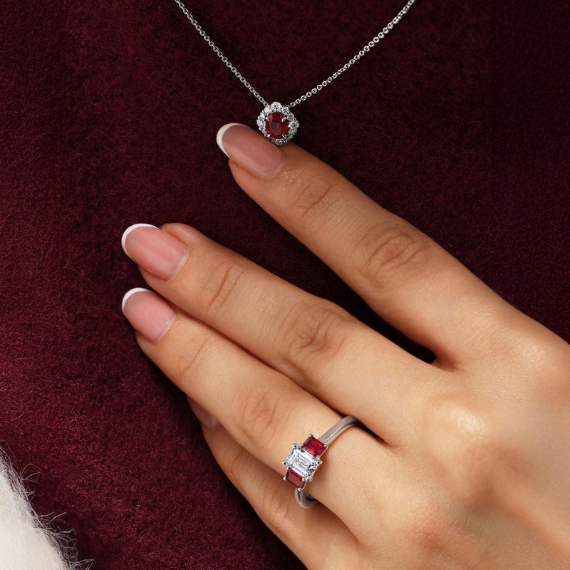 18ct white gold 0.97ct oval ruby and diamond necklace on neck