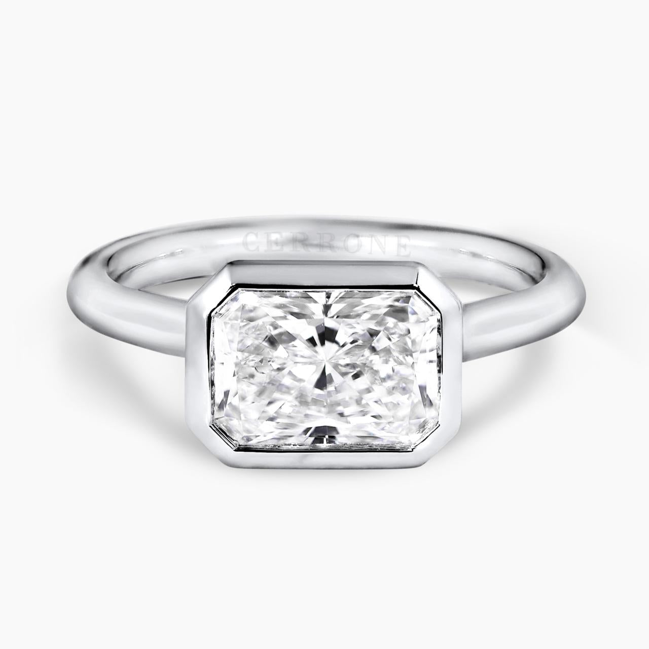 18ct white gold 1.94ct elongated radiant cut lab grown diamond bezel set solitaire ring