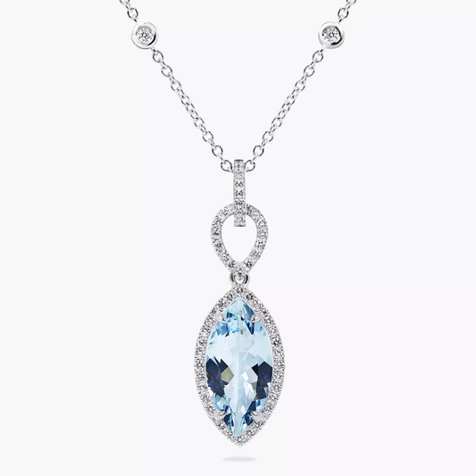 18ct white gold marquise cut aquamarine and diamond pendant on diamond chain