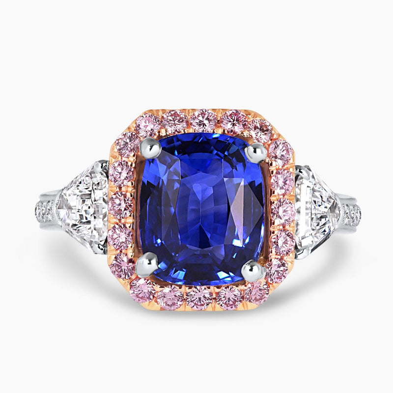 Platinum and 18ct rose gold certified cushion cut blue sapphire and pink diamond ring