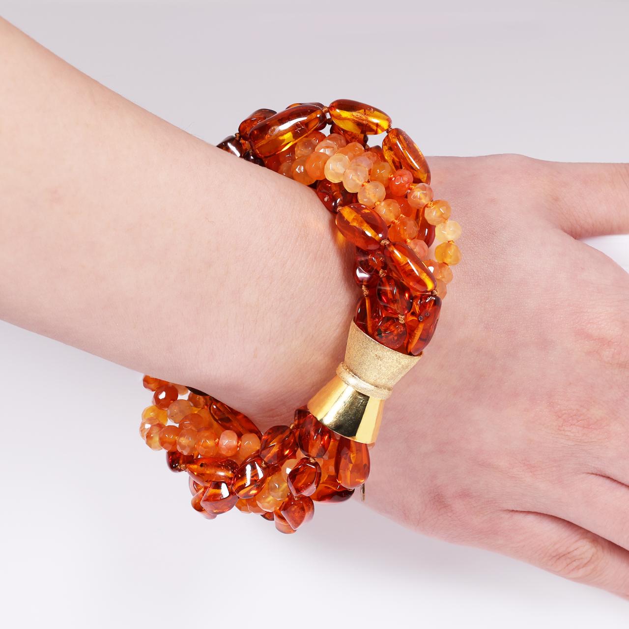 Amber and Chalcedony beaded bracelet from the Carmela Cerrone Collection on the wrist